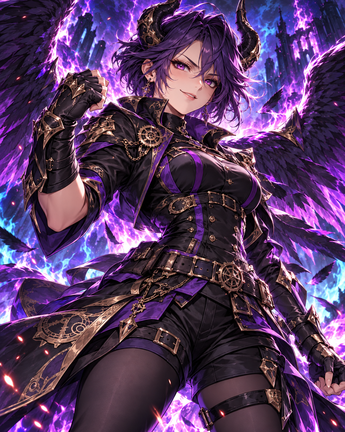 Violet-haired anime rival with black wings and electric purple energy