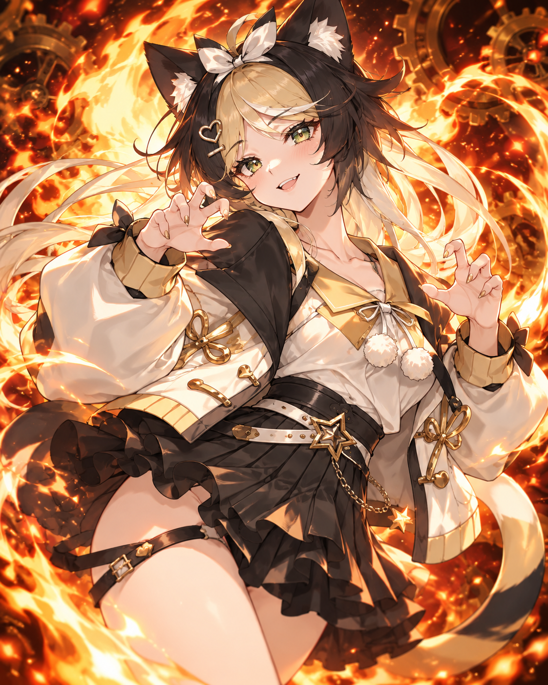 Calico cat-eared anime heroine surrounded by golden fire